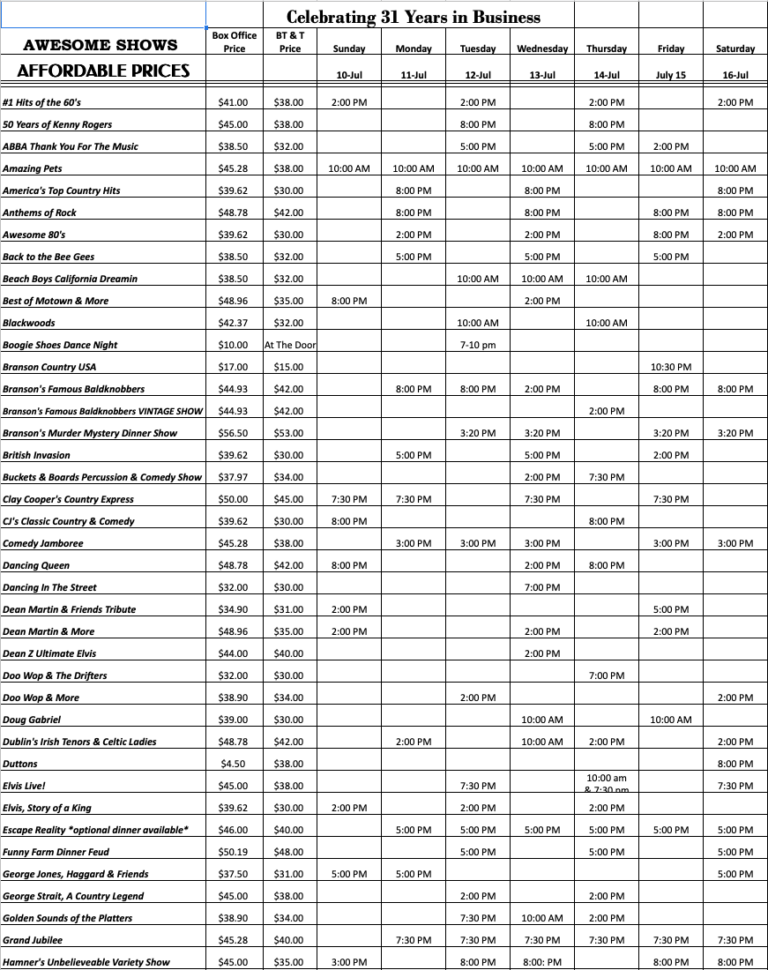 Show Schedule Branson Ticket Travel