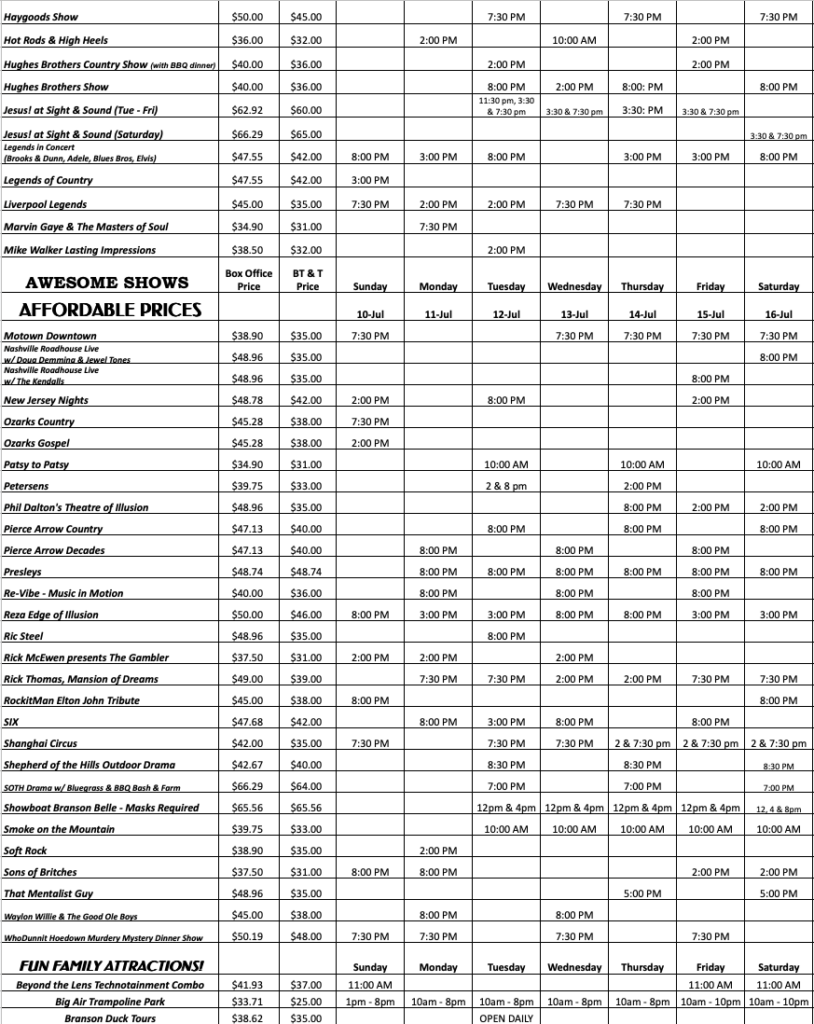 Branson Shows 2024 Schedule Calendars Inger