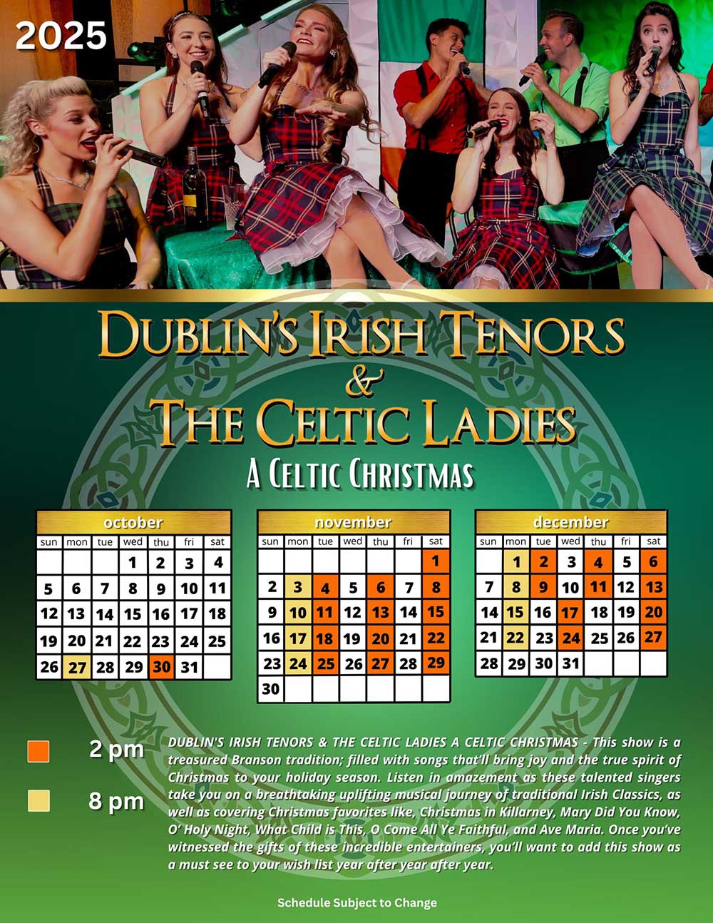 IMage preview forDublin's Irish Tenors & Celtic Ladies Show Schedule for the 2025 Branson, Missouri travel season.